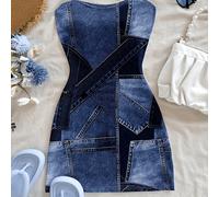 TEMU Vestido vintage texturizado azul/azul estampado, con estilo casual/resort/sexy/cute/Y2K /boho/bohemio/náutico, ideal para mini vestidos para damas, vestidos para mujer