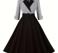 TEMU Vestidos Elegantes de Mujer Estilo Rockabilly con Cuello Escotado y 3/4, Cuadros y para Otoño e Invierno - Vestido Vintage