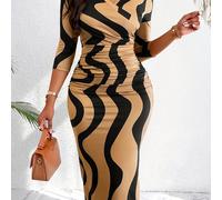 TEMU Vestidos largos con estampado de ondas para mujer, cuello en V, larga, tejido de punto de poliéster, estampado geométrico, 200 g/m², con detalles de volantes, para otoño.