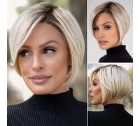 TEMU YUSULAXI Pelucas Bob con Flequillo de Cabello Liso - Fibra Sintética Resistente al , Gorro de Red Rosa de Densidad 100%, Natural para Uso Diario y Ocasiones Especiales, Ajuste , Peluca