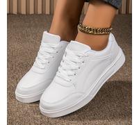 TEMU Zapatillas Casuales Blancas Ligeras para Mujer - Zapatos Bajos con Cordones y Detalles Negros, EVA Cómoda, Para Todo Tipo de , Material de PU