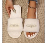 TEMU Zapatillas de interior de mujer de talla grande, cálidas para y otoño, con una correa y forro polar, silenciosas, con punta y flores de perlas, zapatos para mujer