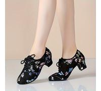 TEMU Zapatos de baile casuales para mujer con cordones, estampados coloridos, blanda y tacón cuadrado para práctica, zapatos de baile latino de punta redonda para baile social y moderno.
