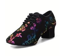 TEMU Zapatos de baile de lona con flores para mujeres, tacón medio de salón de baile jazz salsa latín hip-hop casual oxford, tejido para todas forrado con