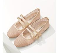 TEMU Zapatos de ballet planos para mujeres, malla de color sólido transpirable de punta redonda, zapatillas de moda cómodas con de TPR y forro de poliuretano PU, cierre de hebilla, todas