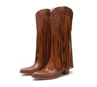 TEMU Zapatos de moda retro marrones y americanos de flujo 2024, nuevos zapatos de moda de tacón sin cordones, botas de caballero vaquero occidentales, zapatos de mujer