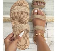 TEMU Zapatos planos de paja tejida para mujer, chanclas de playa informales con de lino sintético, calzado de moda, zapatos de mujer