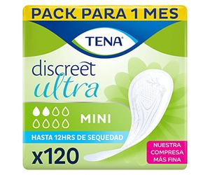 TENA Discreet Mini Ultra 6 x 20 - son nuestras compresas más finas y ofrecen protección discreta y segura para las pérdidas de orina leves - 120 Bolsitas Individuales - Paquete Mensual. Ultrafina.
