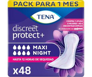 TENA Discreet Protect+ Maxi Night x48: Compresas Nocturnas para Mujeres - Máxima Protección y Confort al Acostarse, y Absorción con InstaDRY™ - Paquete Mensual de 48 unidades (6x8)