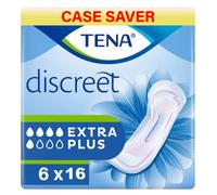 TENA Lady Discreet Extra Plus, 96 almohadillas de incontinencia (16 x 6 paquetes) envasadas individualmente para mujeres con debilidad de la vejiga medio-pesada, incontinencia y pérdidas