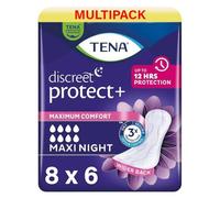 TENA Lady Discreet Maxi Night - 48 insertos para incontinencia femenina, 8 paquetes de 6 unidades, con debilidad de vejiga media-severa, especialmente diseñados para protección nocturna con espalda