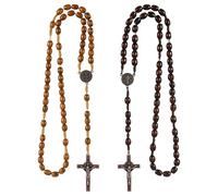 TenaLucy 2 Piezas Collar de Rosario con Cruz Católica,Rosarios Religiosos con Medalla Cruz Jesucristo San Benito Cuentas de Oración de Madera Natural Collar de Rosario de Madera,Bautismo,Religiosa