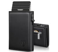 TENBST Cartera Hombre de Cuero, Tarjetero con Bloqueo RFID, Cartera Tarjetero Hombre pequeño para Crédito, Billetes y Monedas con Caja de Regalo (Cuero Genuino Negro)