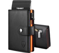 TENBST Cartera Hombre de Cuero | Tarjetero con Bloqueo RFID | Cartera Tarjetero Hombre pequeño para Crédito | Billetes y Monedas con Caja de Regalo (Negro-Naranja)