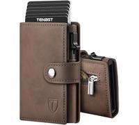 TENBST Cartera Tarjetero con Bloqueo RFID, Automática Pop Up Cartera de Cuero, 8 Ranuras para Tarjetas, Tarjetero Hombre para Crédito, Billetes y Monedas con Caja de Regalo (Marrón)