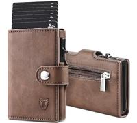 TENBST Cartera Tarjetero con Bloqueo RFID, Automática Pop Up Cartera de Cuero, 8 Ranuras para Tarjetas, Tarjetero Hombre para Crédito, Billetes y Monedas con Caja de Regalo (Marrón)