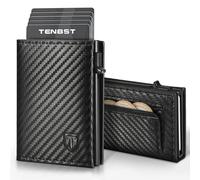 TENBST Carteras para Hombre, Porta Tarjetas de Crédito de Fibra de Carbono con RIFD Protección | Tarjetero Hombre Minimalista, Carteira para Cremallera y Billetes | Caja de Regalo, Negro