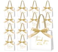 Tenceur Paquete de 50 bolsas de regalo de boda para invitados, bolsas de papel blancas con asas de papel de aluminio dorado con asas, pequeñas bolsas de bienvenida de boda, bolsas de agradecimiento