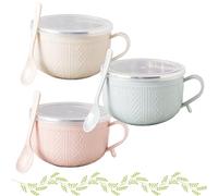 Tencipeda 25 oz Mug Meals with Lids, Christmas Soup Mugs Set of 3, Stainless Steel Double-Layer Meal Bowls with Handles for Family Dinners, Coffee, and Stews (Beige/Blue/Pink)