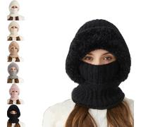 Tencipeda 3 In 1 Beanie Hat with Scarf and Mask, Women's Outdoors Windproof Scarf Hat Thick Plush-Lined (Cordless Black)