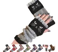 Tencipeda Cat Fingerless Gloves, Knit Thick Warm Winter Gloves With Cat Face Designs Essential for Winter Travel (Black)
