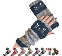 Tencipeda Cat Fingerless Gloves, Knit Thick Warm Winter Gloves With Cat Face Designs Essential for Winter Travel (Navy Blue)