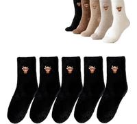 Tencipeda Highland Cow Fuzzy Socks, 5 Pairs Highland Cow Socks Women Fuzzy Winter Warm Soft Indoor Slipper Sock for Women (Black)