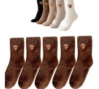 Tencipeda Highland Cow Fuzzy Socks, 5 Pairs Highland Cow Socks Women Fuzzy Winter Warm Soft Indoor Slipper Sock for Women (Dark Brown)