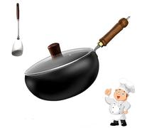 Tencipeda Jinswhdre Cast Iron Skillet, Pure Iron Nonstick Wok Hand-Forged Non-Coated Frying Pan for Gas Induction Large Capacity Spill-Proof Multi-purpose Non-Stick Pan With Lid (Glass,26CM)