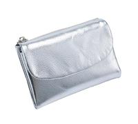 Tencipeda Unisex Pebble Leather Wallet - Double Zipper Coin Pockets, 5.3" Travel Slim Mini Leather Card Holder (Silver)