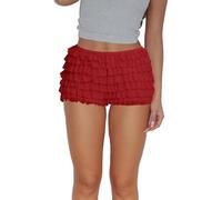 Tencipeda White Ruffle Shorts, Women's Y2k Ruffle Shorts Gingham Bloomers Cute Mini Micro Short High Waist Tiered Bottoms (Wine Red,L)