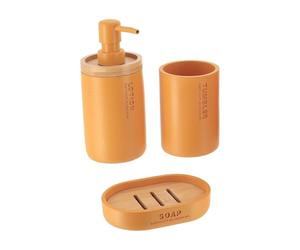 Tendance - Juego de dispensador de jabón de poliresina, Vaso y jabonera - Mostaza/Bambú - Baño - Accesorio de baño Independiente
