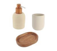 Tendance - Juego de dispensador de jabón y portajabón en Cemento de poliresina y Acacia Redondeada - Beige - Baño - Accesorio de baño Independiente