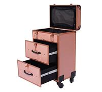 Tenddya Maletín de maquillaje profesional con cajones y cerradura, con ruedas, giratorio 360°, 36 x 23 x 58 cm, Oro Rosa, Maletín de maquillaje Trolley