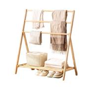 Tendedero de ropa independiente con estante de almacenamiento, perchero plegable de madera con 3 barras transversales colgantes para espacios pequeños en baño o lavandería