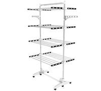 Tendedero de Torre Plegable, Torre de Ropa 4 Niveles, Barra Superior, Negro | Tubos de Acero Inoxidable, Estantes de Secado Plegables con 6 Ruedas 2 Alas, para Interior Exterior