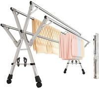 Tendedero plegable para ropa, tendedero extensible con 5 varillas, diseño móvil sobre ruedas, ganchos resistentes al viento y almacenamiento de zapatos para uso en interiores y exteriores
