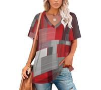 Tendencias La Moda Camiseta De Manga Corta con Cuello En V para Mujer Camiseta Holgada Informal Mangas Cortas De Verano con Formas Geométricas Y Rayas (Rojo)