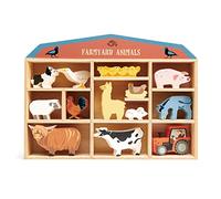 Tender Leaf Toys Estante de madera para granja con perro, ganso, oveja, gallo, pollo, vaca, pollo, alpaca, ratón, cerdo, burro y tractor de juguete