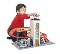 Tender Leaf Toys Garaje de madera con coches y un helicóptero