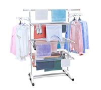 TENDEX Tendedero Vertical Plegable XXL 6 Bandejas Ajustables, 2 Soportes (para 10 Perchas), Barra Extensible 2m, Ganchos/Cruces integrados. Ruedas Acero inoxidable Plegado sólo 14cm Soporta 25kg ropa