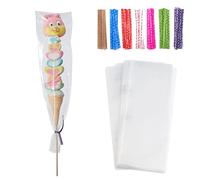 Tendwarm 100 bolsas largas transparentes de celofán de celofán de 4 x 11 pulgadas con 7 colores mixtos, lazos giratorios, perfectas para velas de cumpleaños, pretzel, paletas de caramelo helado