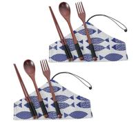 Tenedores De Madera Cucharas Bolsa De Almacenamiento Portátil De Madera Color Nogal Para Palillos Cucharas Y Tenedores Peces De Mar 2 Juegos