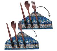 Tenedores De Madera Cucharas Bolsa De Almacenamiento Portátil De Madera Color Nogal Para Palillos Cucharas Y Tenedores Azul Étnico 2 Juegos