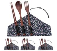 Tenedores De Madera Cucharas Bolsa De Almacenamiento Portátil De Madera De Nogal Para Palillos Cucharas Y Tenedores Flor Azul 4 Juegos