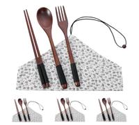 Tenedores De Madera Cucharas Bolsa De Almacenamiento Portátil De Madera De Nogal Para Palillos Cucharas Y Tenedores Diseño De Flores Blancas 4 Juegos