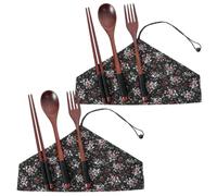 Tenedores De Madera Cucharas Bolsa De Almacenamiento Portátil De Madera De Nogal Para Palillos Cucharas Y Tenedores Diseño Floral Negro 2 Juegos