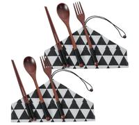 Tenedores De Madera Cucharas Bolsa De Almacenamiento Portátil De Madera De Nogal Para Palillos Cucharas Y Tenedores Triángulo Negro 2 Juegos
