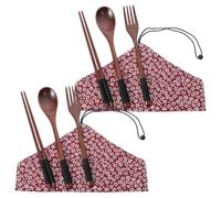 Tenedores De Madera Cucharas Bolsa De Almacenamiento Portátil De Madera De Nogal Para Palillos Cucharas Y Tenedores Flor De Cerezo Roja 2 Juegos