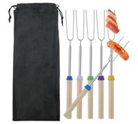 Tenedores para barbacoa, 6 palitos telescópicos para asar malvaviscos, tenedor extensible de acero inoxidable en forma de U con mango de madera, pinchos para asar para camping, hoguera, chimenea,